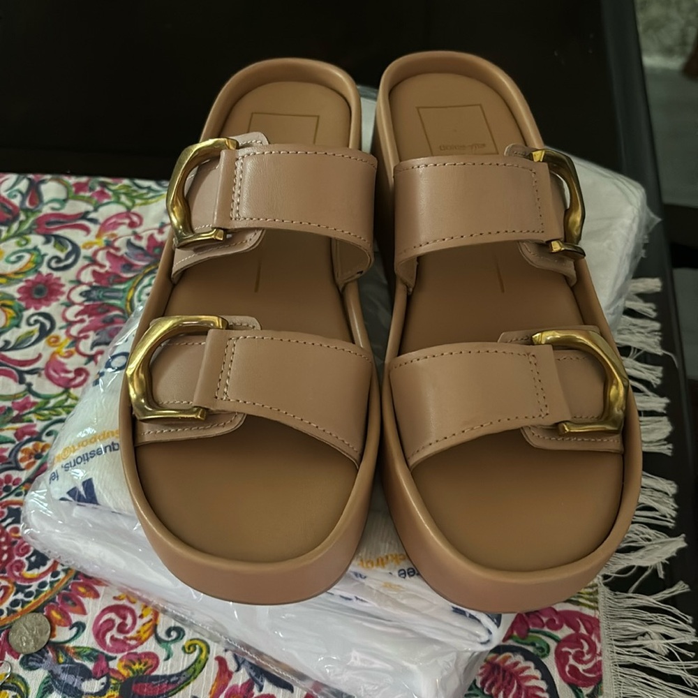NWB Dolce Vita tan and gold buckle sandals